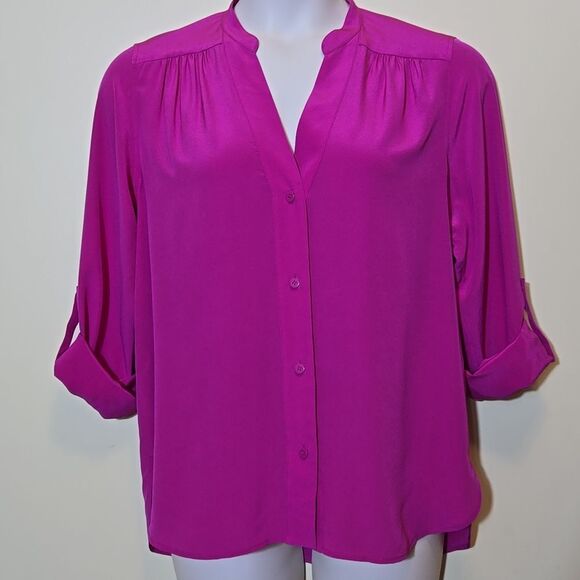Diane Von Furstenburg Harlow Silk Blouse Top Size 12 Pink Roll Tab Button Down - Picture 15 of 16